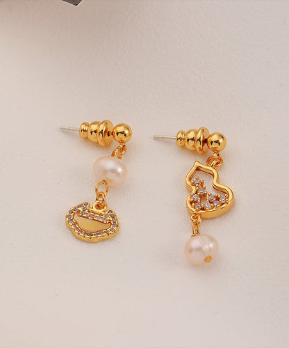 Chinese Style Gold Copper Overgild Pearl Zircon Drop Earrings QI070