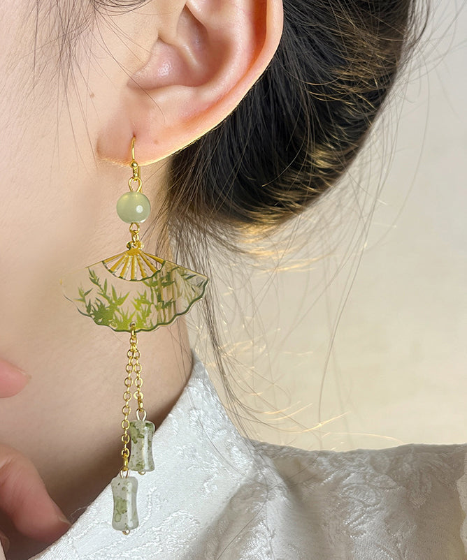 Chinese Style Green Acrylic Alloy Jade Bamboo Fan Tassel Drop Earrings WH039