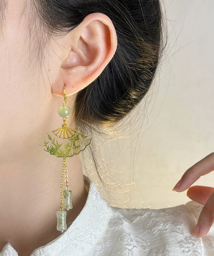 Chinese Style Green Acrylic Alloy Jade Bamboo Fan Tassel Drop Earrings WH039