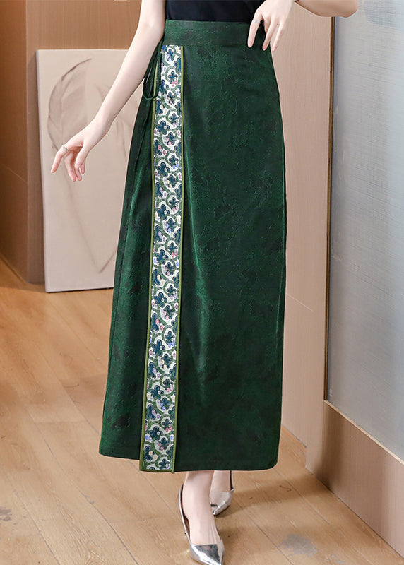 Chinese Style Green Asymmetrical Print Silk Skirts Spring QQ1030