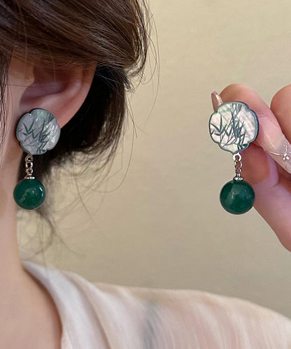 Chinese Style Green Square Sterling Silver Agate Bamboo Leaves Drop Earrings WH020