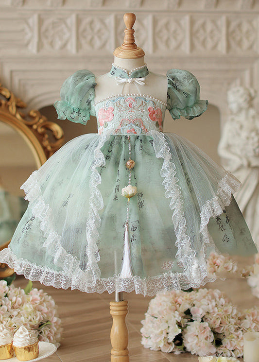 Chinese Style Green Stand Collar Embroideried Nail Bead Tulle Kids Long Dress Short Sleeve YE015