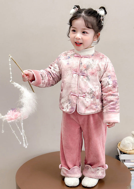 Chinese Style Pink O-Neck Patchwork Button Girls Thick Parka And Pants Two Piece Set Winter TR026