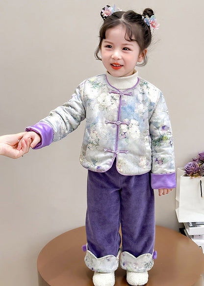 Chinese Style Pink O-Neck Patchwork Button Girls Thick Parka And Pants Two Piece Set Winter TR026