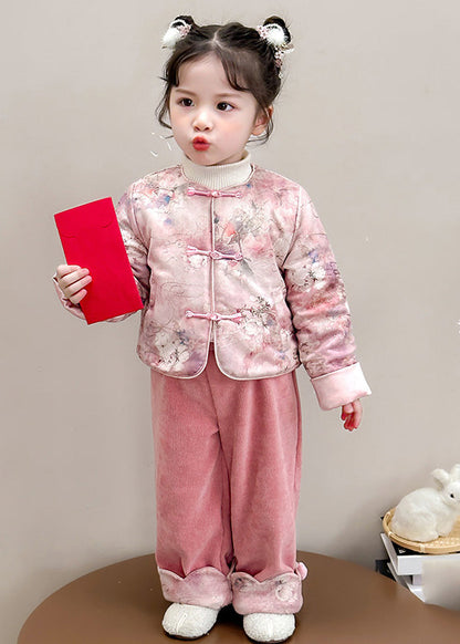 Chinese Style Pink O-Neck Patchwork Button Girls Thick Parka And Pants Two Piece Set Winter TR026