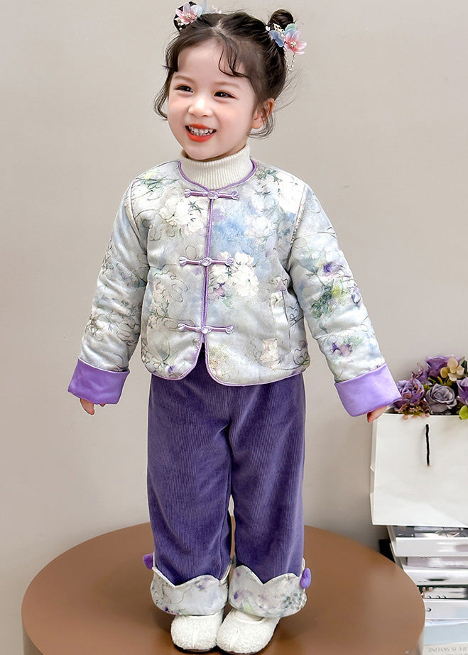 Chinese Style Pink O-Neck Patchwork Button Girls Thick Parka And Pants Two Piece Set Winter TR026