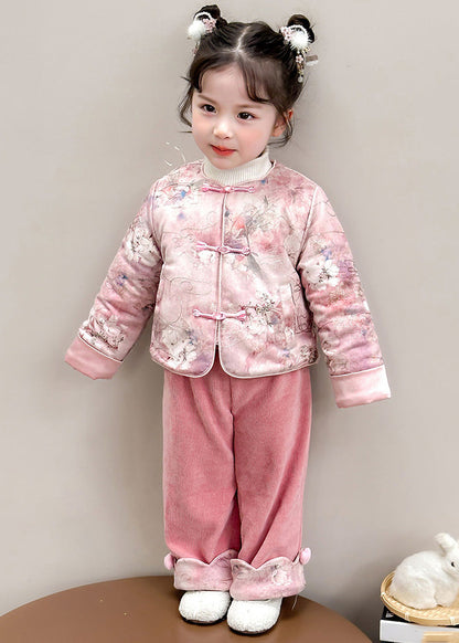 Chinese Style Pink O-Neck Patchwork Button Girls Thick Parka And Pants Two Piece Set Winter TR026