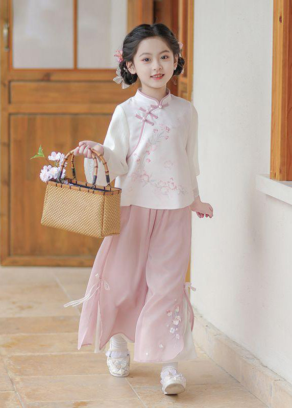 Chinese Style Pink Stand Collar Print Girls Shirts And Maxi Skirts Two Pieces Set Spring TR005