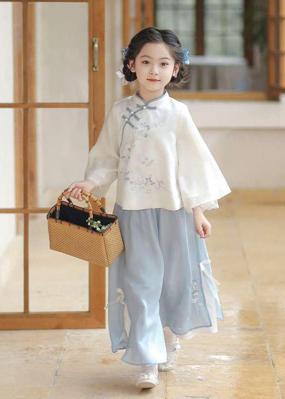 Chinese Style Pink Stand Collar Print Girls Shirts And Maxi Skirts Two Pieces Set Spring TR005