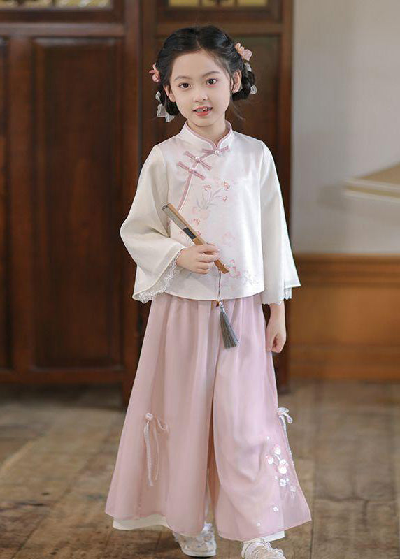 Chinese Style Pink Stand Collar Print Girls Shirts And Maxi Skirts Two Pieces Set Spring TR005