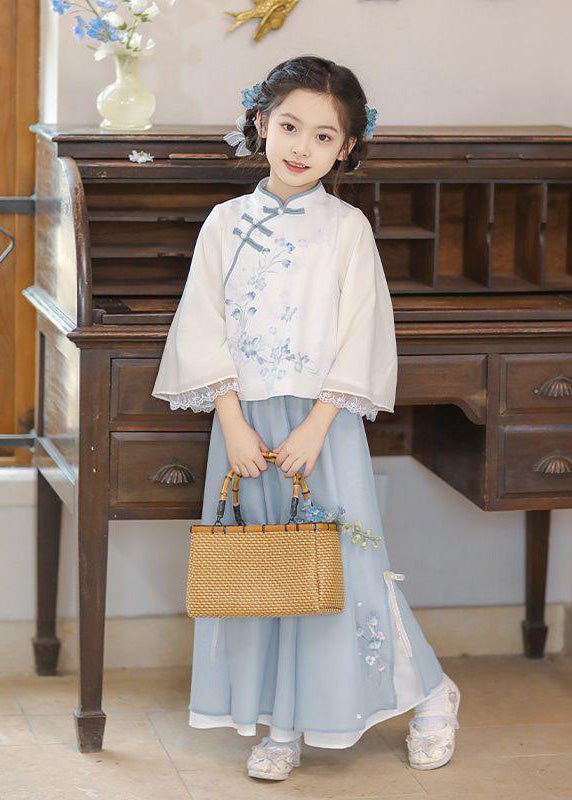 Chinese Style Pink Stand Collar Print Girls Shirts And Maxi Skirts Two Pieces Set Spring TR005