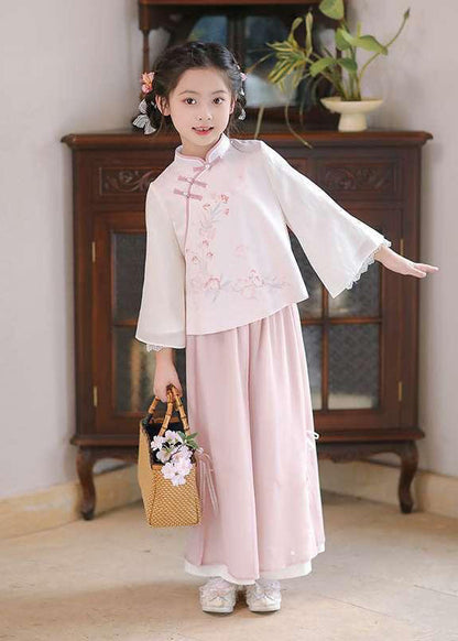 Chinese Style Pink Stand Collar Print Girls Shirts And Maxi Skirts Two Pieces Set Spring TR005