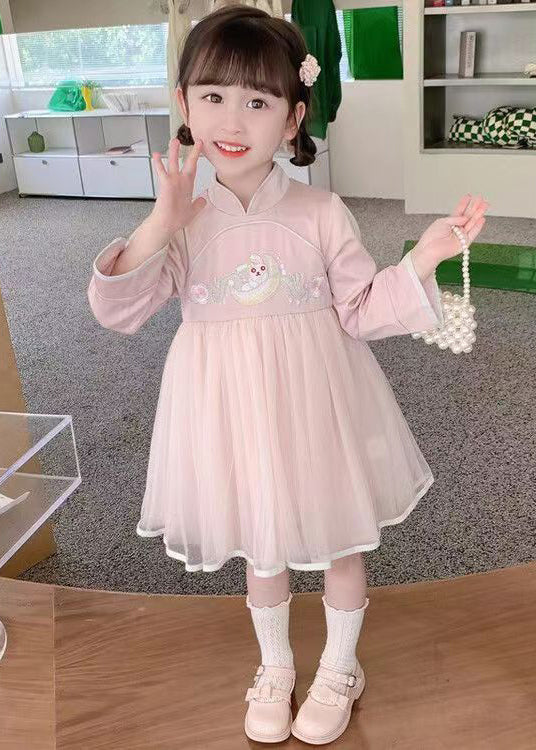 Chinese Style Pink Stand Collar Tulle Patchwork Girls Dresses Long Sleeve XZ018