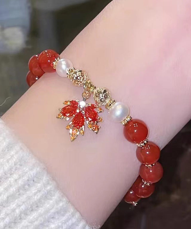 Chinese Style Red Copper Alloy Agate Maple Leaf Pearl Charm Bracelet YI044