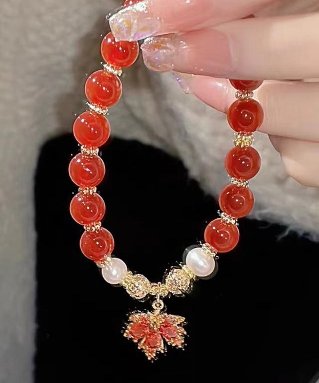 Chinese Style Red Copper Alloy Agate Maple Leaf Pearl Charm Bracelet YI044