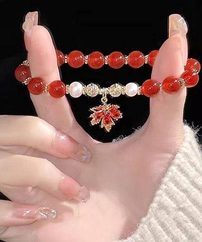 Chinese Style Red Copper Alloy Agate Maple Leaf Pearl Charm Bracelet YI044