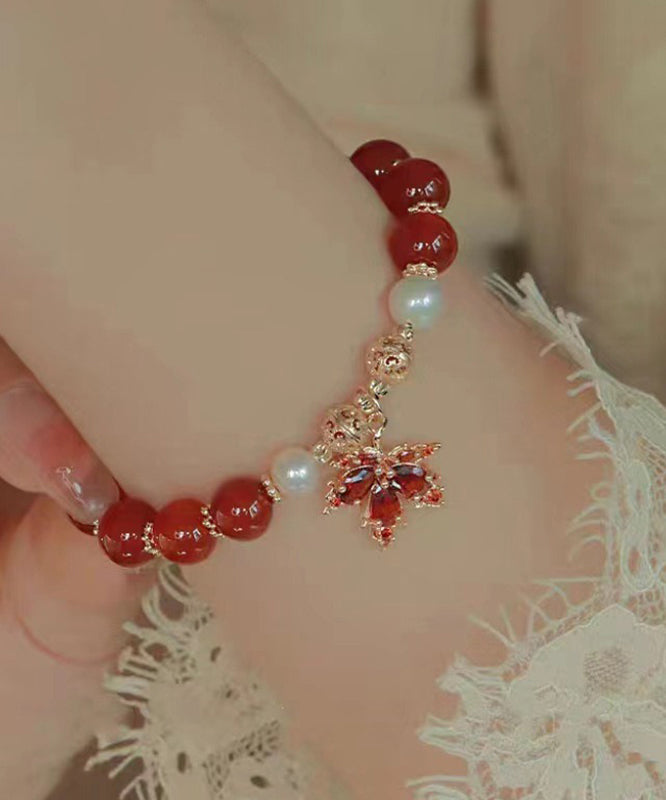 Chinese Style Red Copper Alloy Agate Maple Leaf Pearl Charm Bracelet YI044