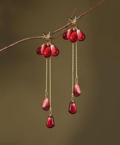 Boucles d'oreilles pendantes à pampilles en perles de verre et résine surdorées en cuivre rouge de style chinois QJ036