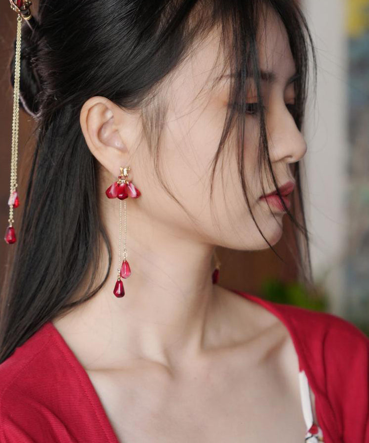 Chinese Style Red Copper Overgild Resin Glass Beads Tassel Drop Earrings QJ036