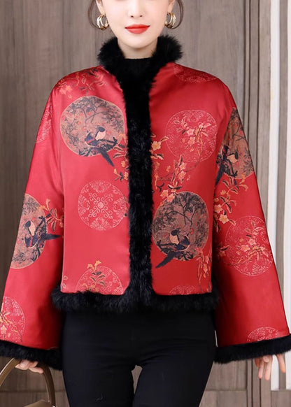 Manteaux en coton à imprimé patchwork avec col en fourrure rouge de style chinois pour l'hiver QG044