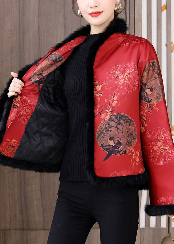 Manteaux en coton à imprimé patchwork avec col en fourrure rouge de style chinois pour l'hiver QG044