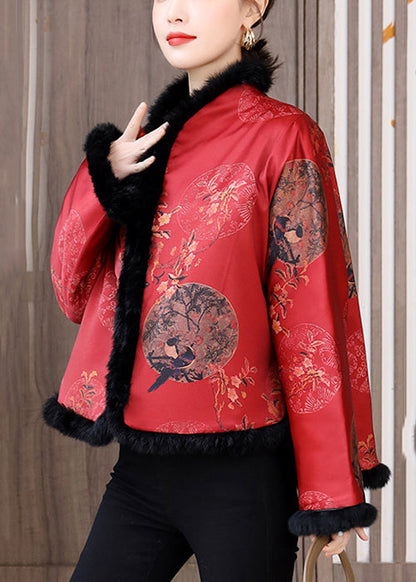 Manteaux en coton à imprimé patchwork avec col en fourrure rouge de style chinois pour l'hiver QG044