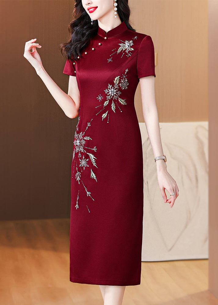 Chinesischen Stil Wein Rot Stehkragen Zirkon Seite Offen Silk Kleider Sommer BB018