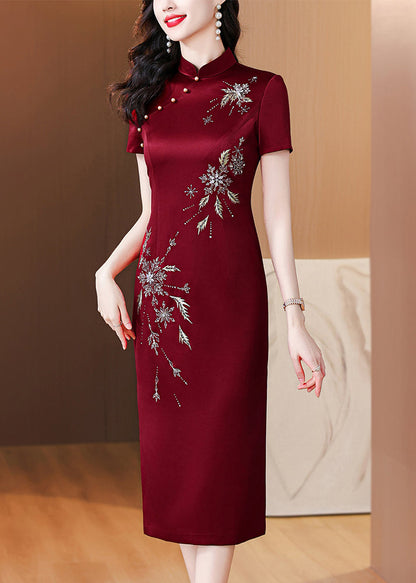 Chinese Style Wine Red Stand Collar Zircon Side Open Silk Dresses Summer BB018