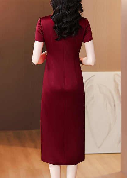 Chinese Style Wine Red Stand Collar Zircon Side Open Silk Dresses Summer BB018