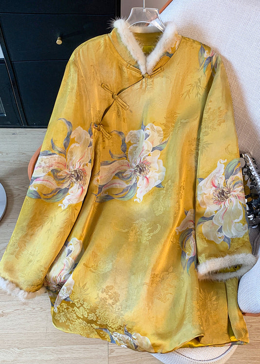 Chinese Style Yellow Print Patchwork Fine Cotton Filled Silk Coat Spring TI021