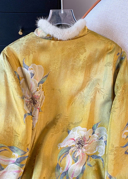 Chinese Style Yellow Print Patchwork Fine Cotton Filled Silk Coat Spring TI021