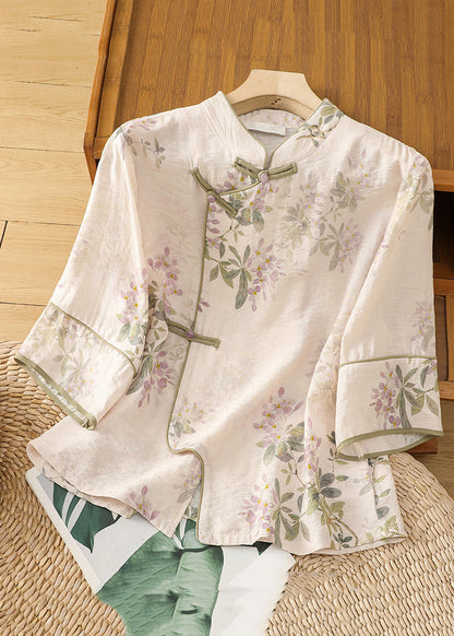 Classy Apricot Button Print Linen Blouse Half Sleeve JH065