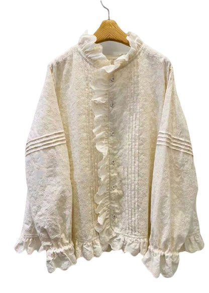 Classy Beige Ruffled Patchwork Embroidered Cotton Blouses Spring YO022