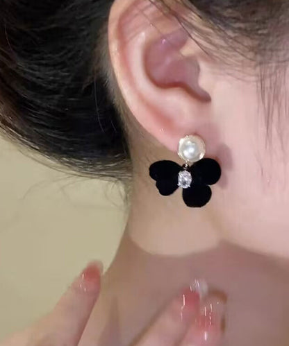 Classy Black Alloy Inlaid Crystal Pearl Bow Pile Coating Stud Earrings WH018