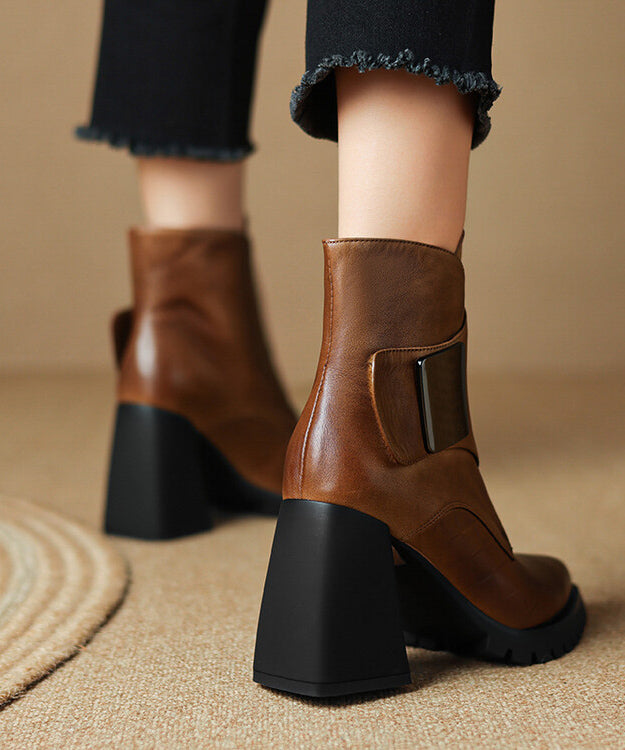 Classy Brown Cowhide Leather Chunky Heel Splicing Boots Pointed Toe YR042