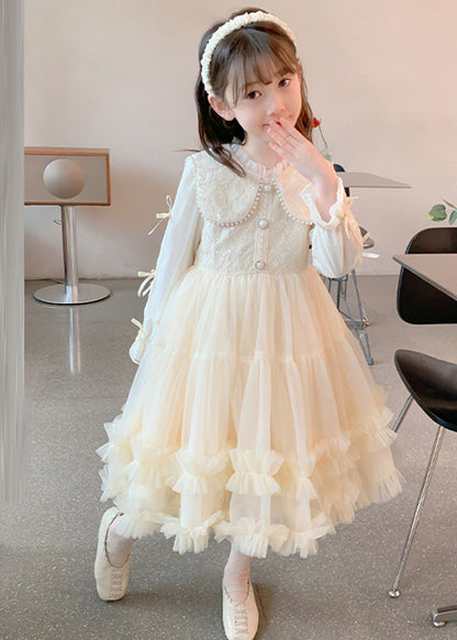 Classy Champagne Ruffled Nail Bead Tulle Patchwork Kids Maxi Dresses Fall QV040