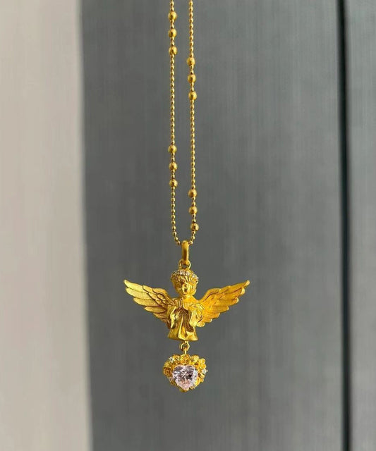 Classy Gold Sterling Silver Overgild Zircon Love Angel Pendant Necklace YI032