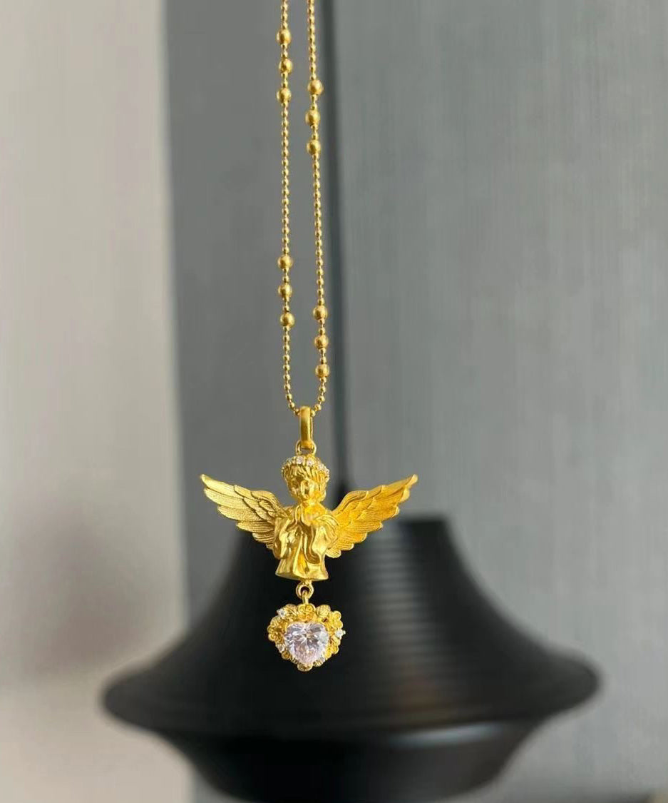 Classy Gold Sterling Silver Overgild Zircon Love Angel Pendant Necklace YI032