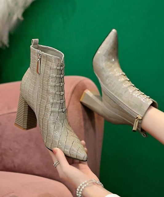 Classy Grey Zippered Splicing Chunky Heel Boots Pointed Toe TP018