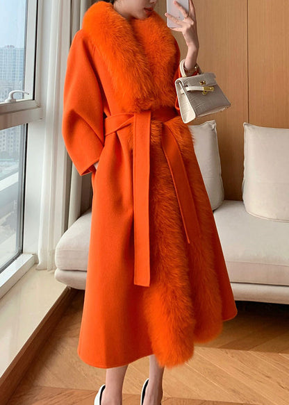 Classy Hermes Orange Fox Collar Pockets Tie Waist Woolen Maxi Coat Winter RD005