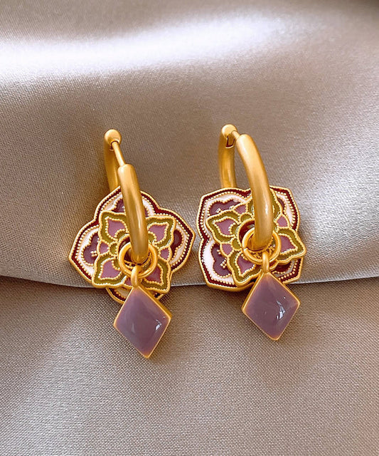 Classy Purple Copper Alloy Enamel Floral Hoop Earrings QQ039