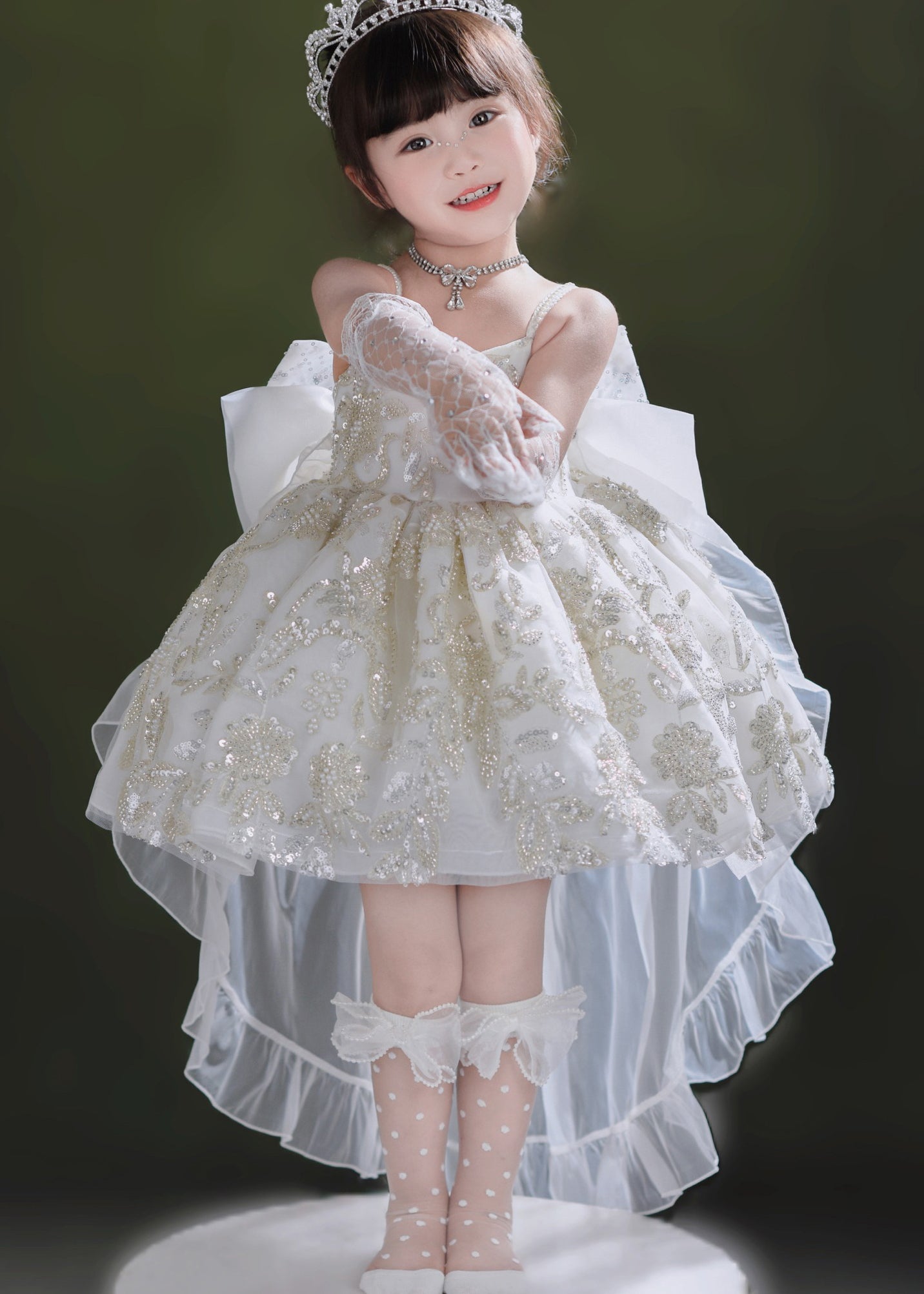 Classy White Sequin Tulle Girls Dress And Trailing Dress Two Pieces Set Summer YE014