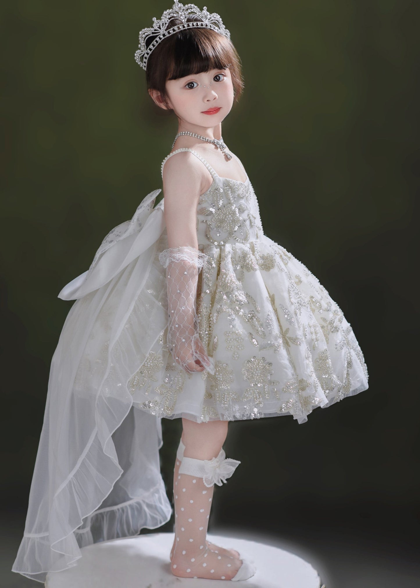 Classy White Sequin Tulle Girls Dress And Trailing Dress Two Pieces Set Summer YE014