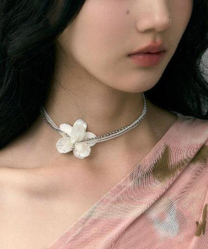 Classy White Stainless Steel Floral Pearl Shell Multi Layer Gratuated Bead Necklace YR016