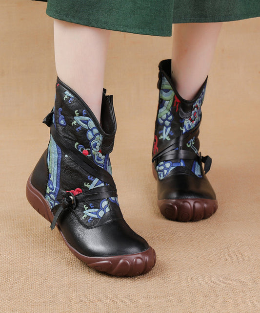 Comfortable Splicing Boots Black Retro Print Cowhide Leather RD017