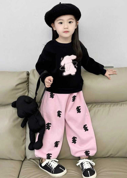 Cute Animal Print Girls Black Sweatshirt And Pink Beam Pants Two Pieces Set Spring TR003