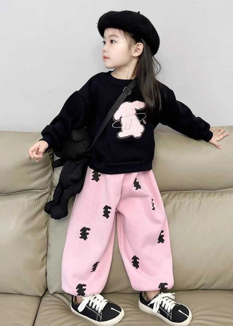 Cute Animal Print Girls Black Sweatshirt And Pink Beam Pants Two Pieces Set Spring TR003