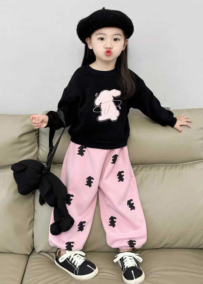 Cute Animal Print Girls Black Sweatshirt And Pink Beam Pants Two Pieces Set Spring TR003