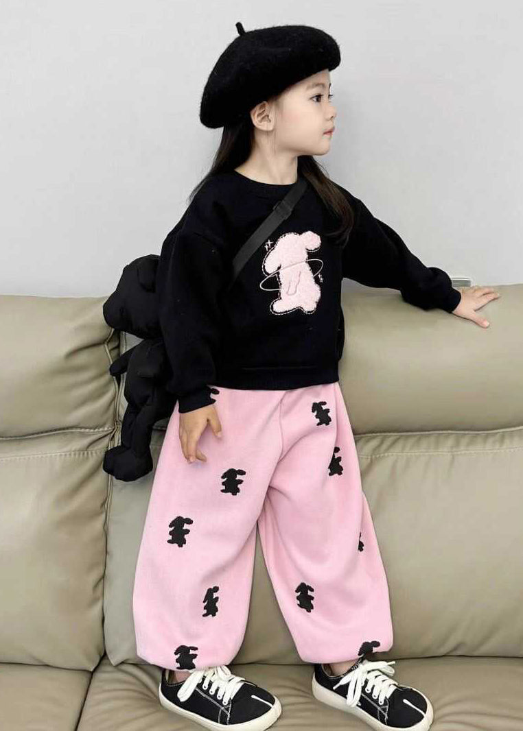 Cute Animal Print Girls Black Sweatshirt And Pink Beam Pants Two Pieces Set Spring TR003