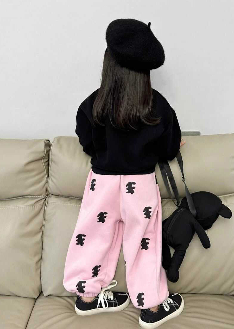 Cute Animal Print Girls Black Sweatshirt And Pink Beam Pants Two Pieces Set Spring TR003